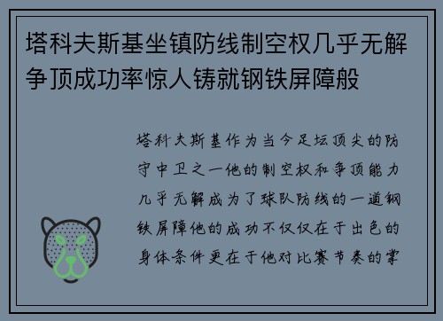塔科夫斯基坐镇防线制空权几乎无解争顶成功率惊人铸就钢铁屏障般