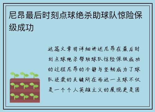 尼昂最后时刻点球绝杀助球队惊险保级成功